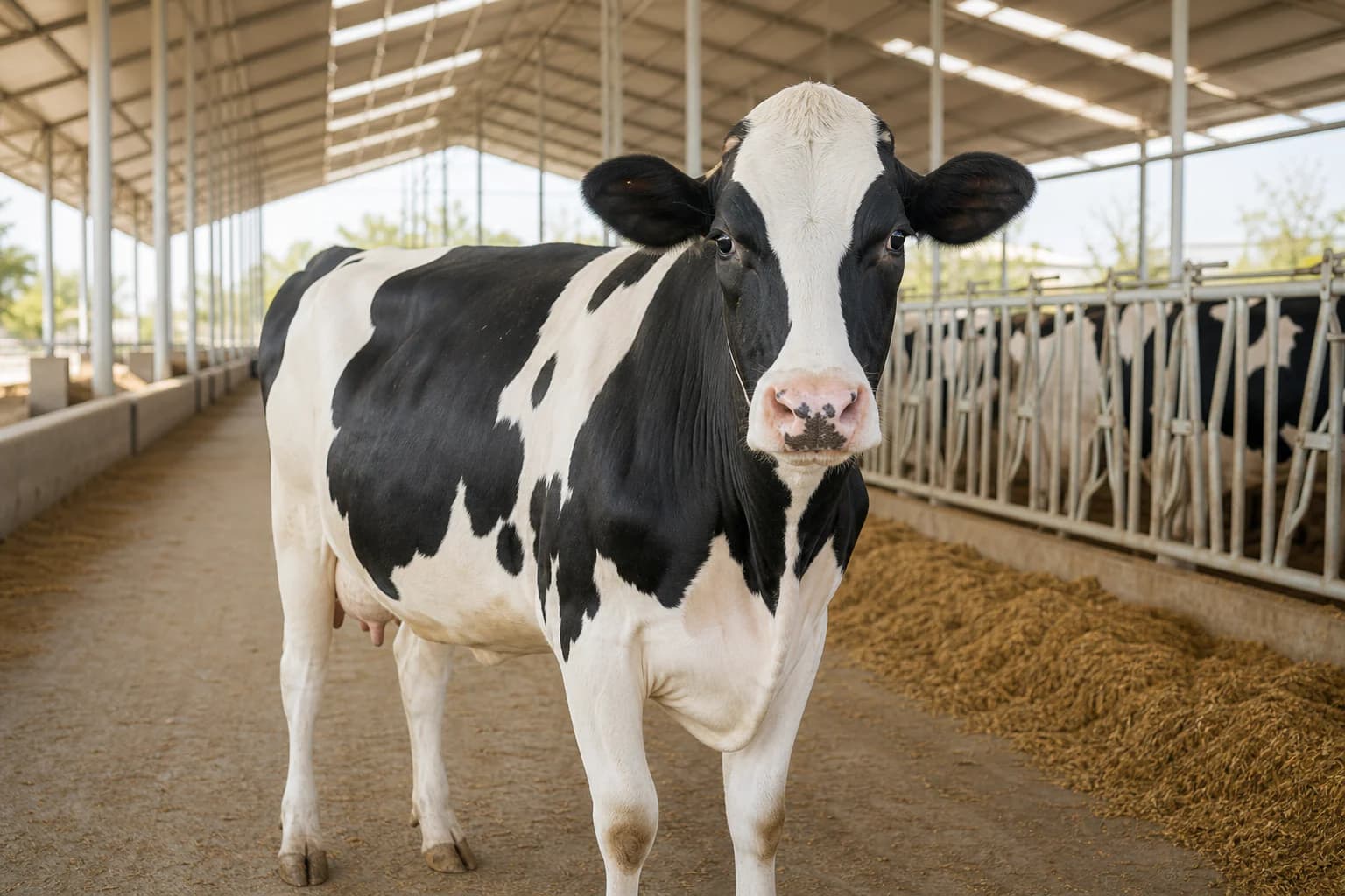 Vaca lechera Holstein de cuerpo completo en un establo moderno